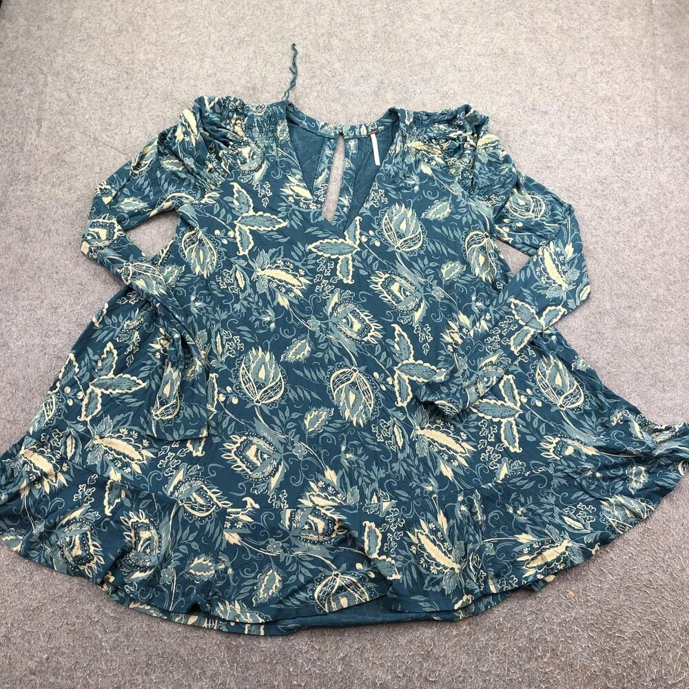 Free People Dress Womens Small Green Floral Keyhole Puff Sleeve Swing Boho